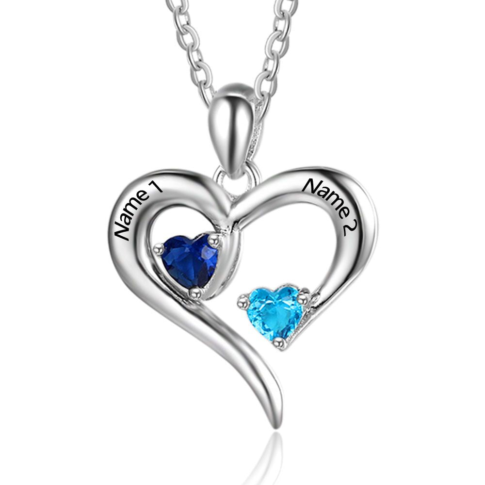 925 Silver Jewelry Two Birthstones Heart Name Necklace